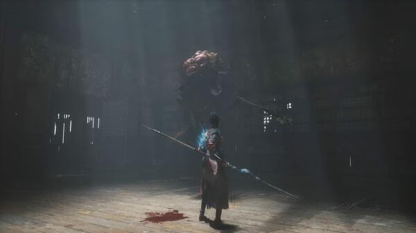 A WUCHANG: Fallen Feathers screenshot featuring a character wielding a spear facing a towering, grotesque creature in a dimly lit room.
