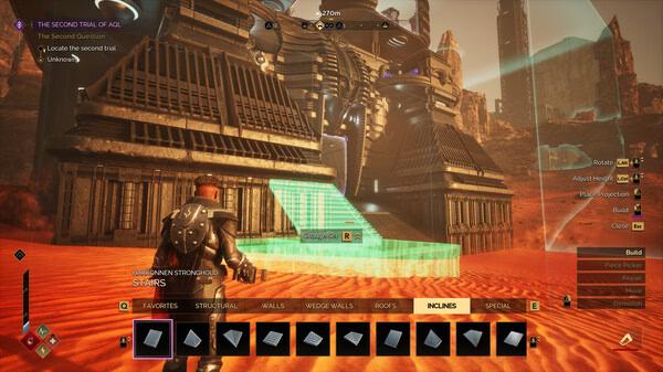 Screenshot from Dune: Awakening showing a player character in armor building a structure in a desert with interface elements visible.