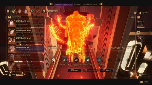 Screenshot from Dune: Awakening showing a crafting menu with glowing armor labeled "Native Stillsuit Body" ready to be crafted.