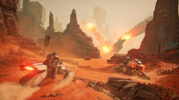 Screenshot from Dune: Awakening showing characters racing futuristic vehicles through a desert landscape with fiery explosions in the distance.