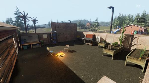 Screenshot from VEIN showing an outdoor area with a campfire, chairs, and wooden planters under a clear sky.