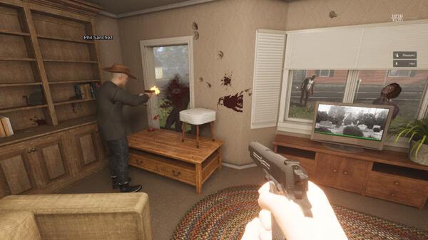 Screenshot from the game VEIN: A player aims a gun inside a room, with zombies approaching outside the window.