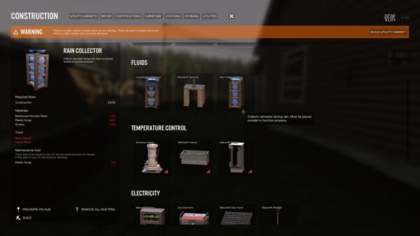 Screenshot from the game VEIN showing construction options, including a rain collector and various utilities for fluid and temperature control.