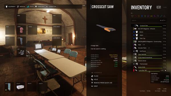 A VEIN game screenshot showing a player's inventory menu with a crosscut saw highlighted and a meeting room in the background.