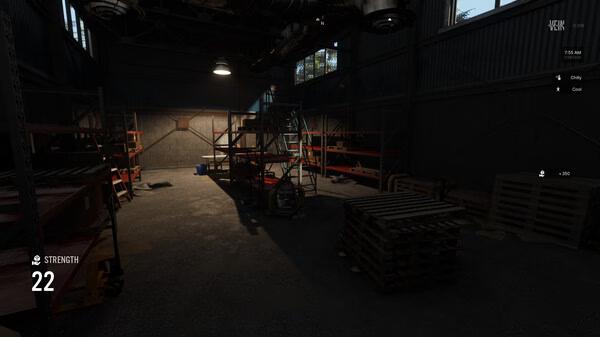VEIN screenshot of a dimly lit warehouse with industrial shelves and pallets. A character's strength level is shown as 22.