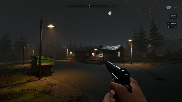 Screenshot from VEIN: Player holds a revolver under streetlights near a house at night, with trees and a dumpster visible.