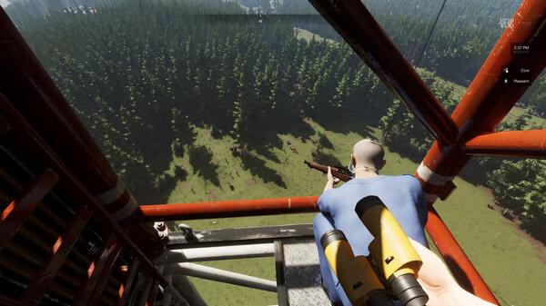 Screenshot from VEIN: A person with binoculars and a rifle crouches on a tall metal structure overlooking a vast forest.