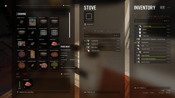Screenshot from VEIN showing the cooking interface, stove options, and inventory with various items like fried meat and canned food.