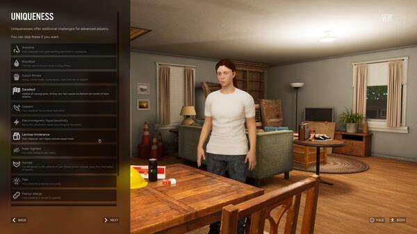 Screenshot from the game VEIN showing a character in a casual room, with a menu displaying unique player challenges.