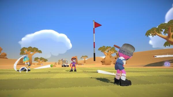 Screenshot from Super Battle Golf showing characters in a desert-themed course, aiming and swinging golf clubs near a flagpole.