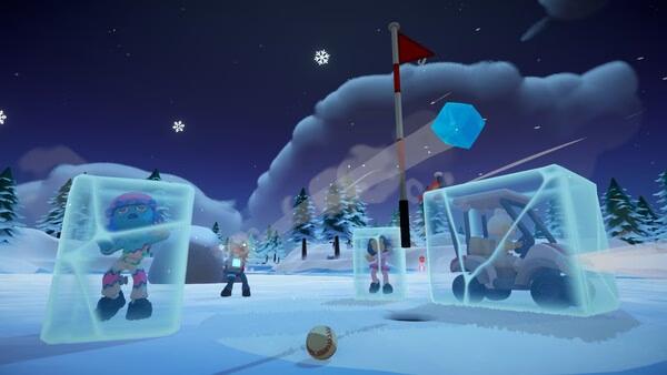 Screenshot of Super Battle Golf showing frozen characters, a golf ball, and a flagpole on a snowy course under a night sky.