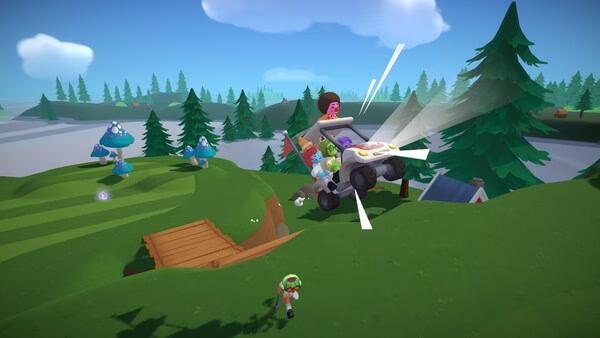 Screenshot from Super Battle Golf showing characters in a flying golf cart over a green course with trees and a bridge.