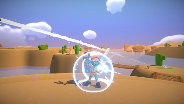 Super Battle Golf screenshot: A character surrounded by a glowing sphere stands on a cliff, aiming toward floating islands and bridges.