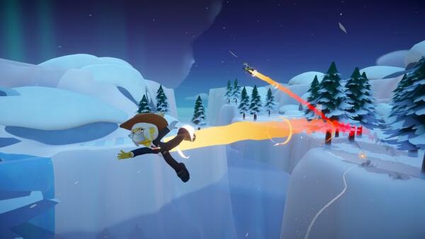 Super Battle Golf screenshot: A character in a cowboy hat flies over snowy terrain, trailing bright orange light, with trees below.