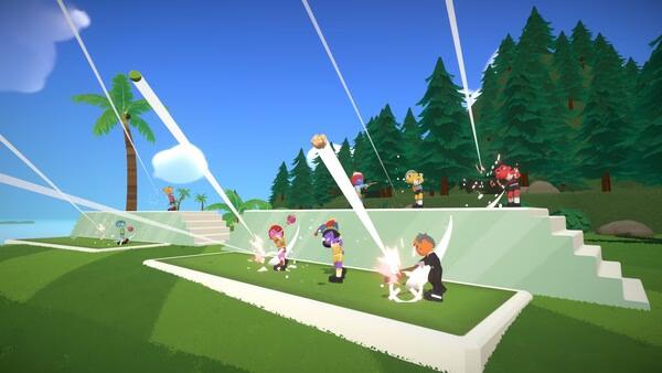 Super Battle Golf screenshot: Players engage in a lively golf match with colorful outfits and dynamic swings against a scenic backdrop.