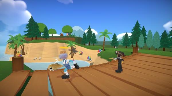 Super Battle Golf screenshot: Two characters in colorful outfits on a wooden bridge, with tropical scenery in the background.