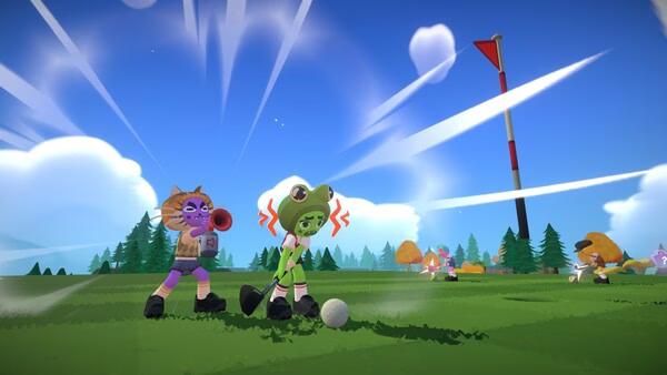 Screenshot from Super Battle Golf showing two characters on a vibrant golf course, one swinging a club, and another blowing a horn.