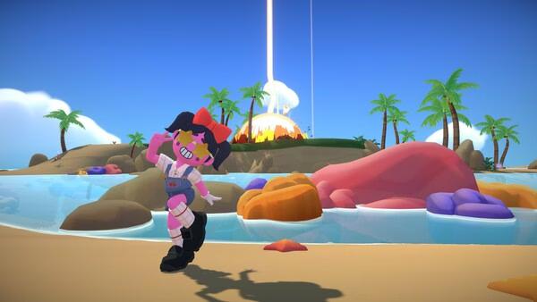 Super Battle Golf screenshot: A cheerful character poses on a tropical beach with palm trees and colorful rocks nearby.