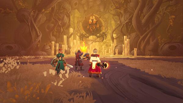 Screenshot from Farever: Three adventurers stand before a mysterious, glowing altar in an enchanted forest.