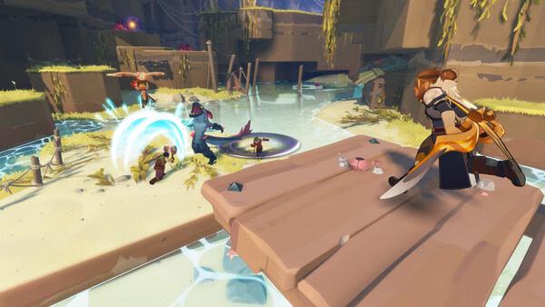 Screenshot from Farever showing a sword-wielding character on a platform, observing a battle with magical effects below.
