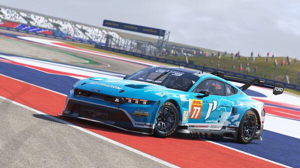 A screenshot from Le Mans Ultimate showing a blue racing car with #77 on a vibrant track surrounded by spectators.