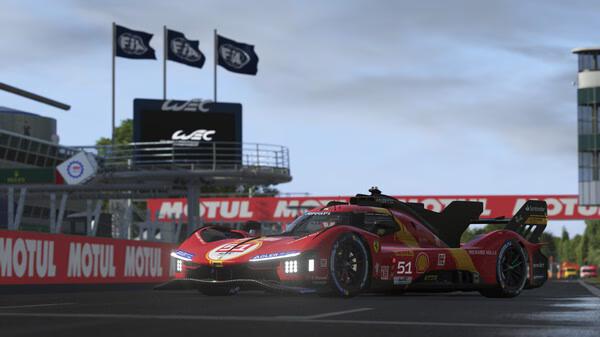A Le Mans Ultimate screenshot showing a red and yellow race car on a track near FIA and WEC flags under a cloudy sky.
