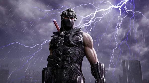 NINJA GAIDEN 4 screenshot: A masked ninja stands in armor with a sword on his back, set against a stormy sky with lightning.
