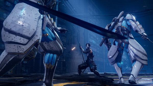 A NINJA GAIDEN 4 screenshot showing a ninja battling two armored enemies with swords in a futuristic urban setting.