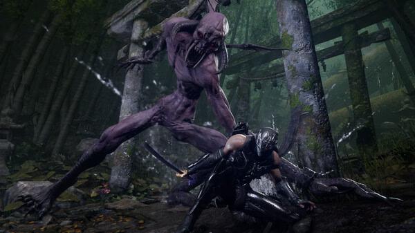 NINJA GAIDEN 4 screenshot: A ninja battles a large, menacing creature in a forest with ancient stone structures in the background.