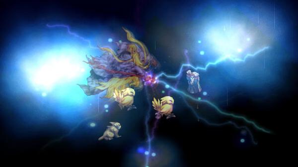 Screenshot from FINAL FANTASY TACTICS - The Ivalice Chronicles showing a mystical battle scene with lightning and mythical creatures.