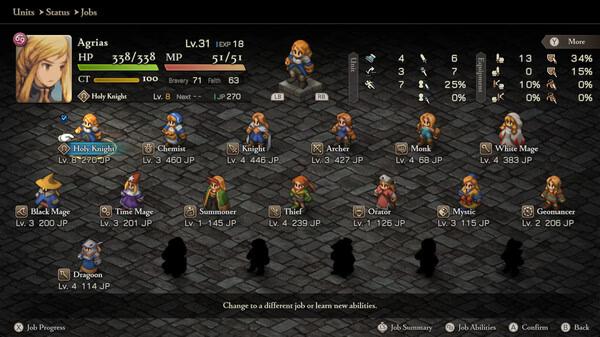 Screenshot from FINAL FANTASY TACTICS - The Ivalice Chronicles showing the Jobs menu with character Agrias and various job classes.