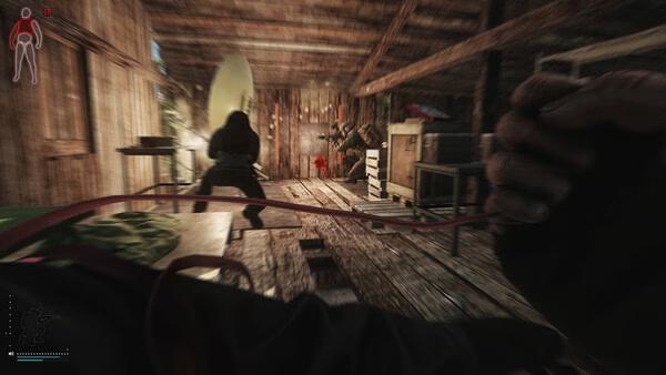 Escape from Tarkov screenshot: A player holding a knife approaches an opponent in a wooden shack, ready for combat.