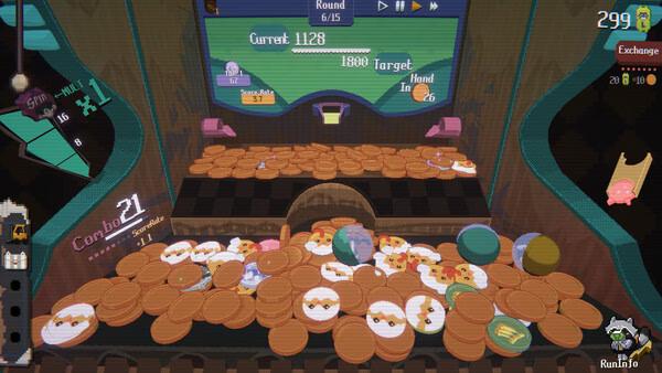 Screenshot from RACCOIN: Coin Pusher Roguelike showing a coin-filled pusher game with a score of 1128 displayed at the top.