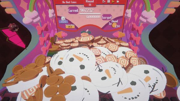 RACCOIN: Coin Pusher Roguelike screenshot showing a pile of themed coins with snowmen and bear designs in a colorful arcade setting.
