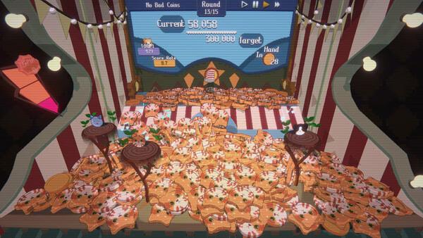 Screenshot of RACCOIN: Coin Pusher Roguelike showing a festive stage with coins, tables, and score details on the screen.