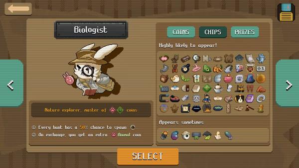 Screenshot from RACCOIN: Coin Pusher Roguelike showing a Biologist character with item icons and selection options.