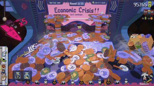 Screenshot of RACCOIN: Coin Pusher Roguelike showing a chaotic coin-filled scene with an "Economic Crisis!!" sign.