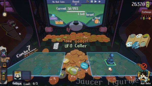 RACCOIN: Coin Pusher Roguelike screenshot featuring a UFO Caller gadget on a coin-filled platform with game stats visible.