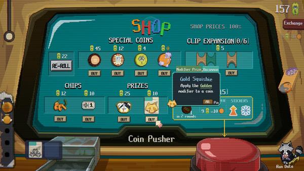 Screenshot of RACCOIN: Coin Pusher Roguelike showing the shop menu with coins, prizes, and modifiers available for purchase.