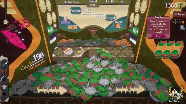 RACCOIN: Coin Pusher Roguelike screenshot showing a vibrant arcade game with coins, targets, and scores displayed on screen.