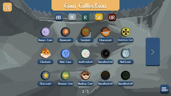 Screenshot of RACCOIN: Coin Pusher Roguelike showing the Coin Collection menu with various collectible coins displayed.