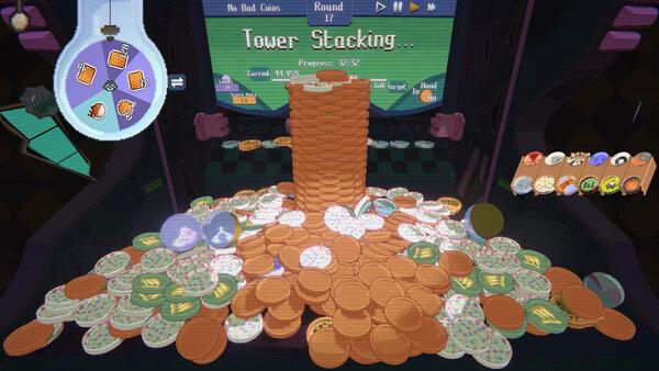 Screenshot from RACCOIN: Coin Pusher Roguelike showing a tall tower of coins stacked in a machine with various coin designs visible.