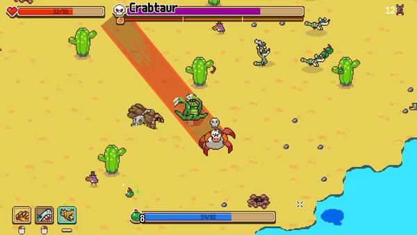 Screenshot from Everything is Crab: The Animal Evolution Roguelite shows a crab battling creatures in a desert landscape.
