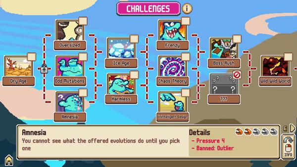 Screenshot from 'Everything is Crab: The Animal Evolution Roguelite' showing a challenge menu with various evolution paths and options.