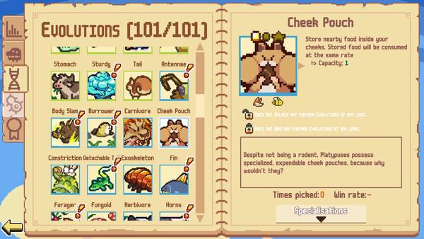 Screenshot of 'Everything is Crab: The Animal Evolution Roguelite' showing a Cheek Pouch evolution description on an in-game menu.