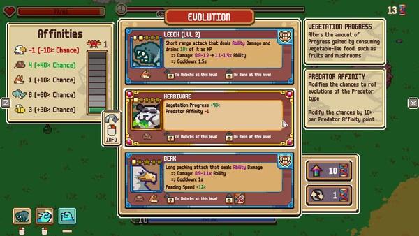 Screenshot from 'Everything is Crab: The Animal Evolution Roguelite' showing evolution options for Leech, Herbivore, and Beak skills.