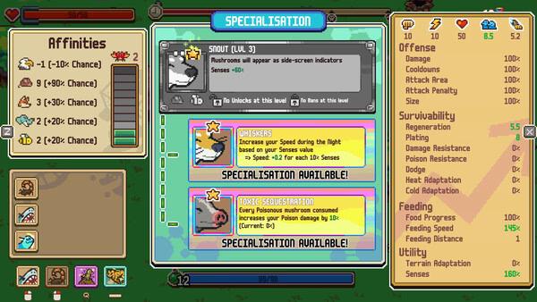 Screenshot of "Everything is Crab: The Animal Evolution Roguelite" showing specialization options for snout, whiskers, and toxic spores.