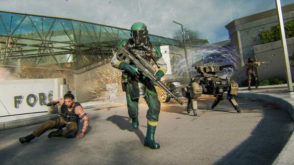 Call of Duty: Black Ops 7 screenshot featuring soldiers in combat gear, running through a damaged urban environment.