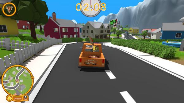 A Wobbly Life screenshot showing a pizza delivery truck driving through a colorful neighborhood with a timer at the top.
