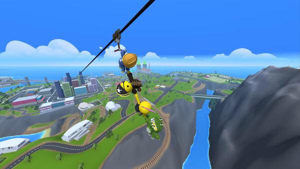 Screenshot of Wobbly Life showing a character ziplining over a scenic landscape with mountains, rivers, and a city in the distance.